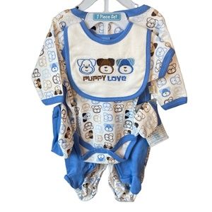NWT 0-3 M 6 PC BABY LAYETTE SET ONESIE, BIB, MITTS, HAT, FOOTED PANT…